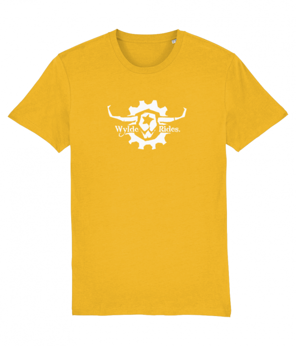 Yellow Organic Cotton Short Sleeve T-Shirts Wylde Rides Ebike Clothing Black & White Bull Skull Logo Design Merch Apparel