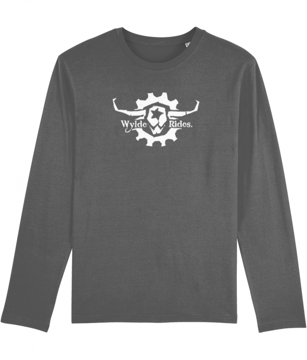 Organic Cotton Long Sleeve T-Shirts Wylde Rides Ebike Clothing Black & White Bull Skull Logo Design Merch Apparel Grey