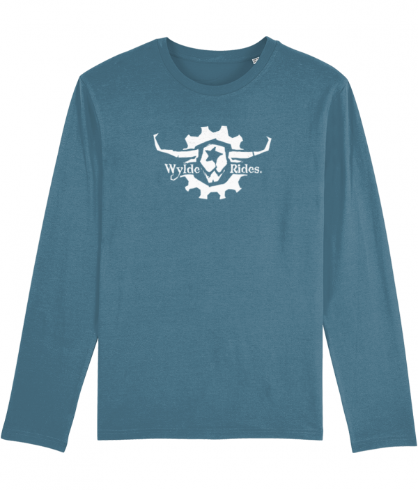 Organic Cotton Long Sleeve T-Shirts Wylde Rides Ebike Clothing Black & White Bull Skull Logo Design Merch Apparel Turquoise